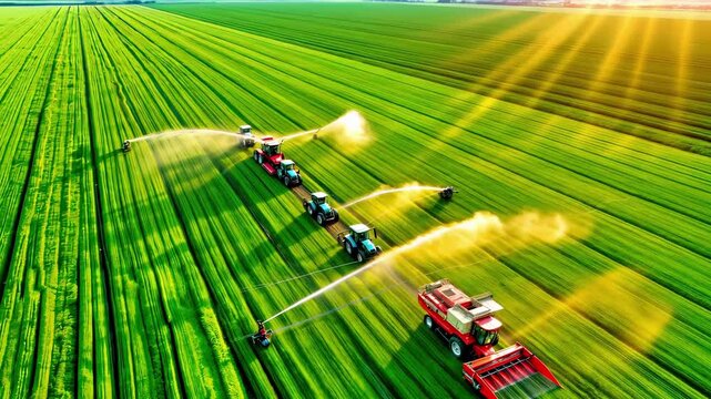 Aerial view of modern agricultural machinery, tractors and combine harvesters working in green crop fields. Precision farming, irrigation spraying, coordinated cultivation operations.