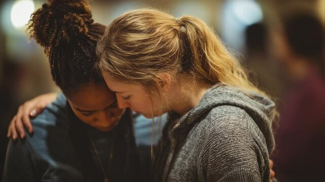 Concept photo of two members praying together, one with their arm around the others shoulder.