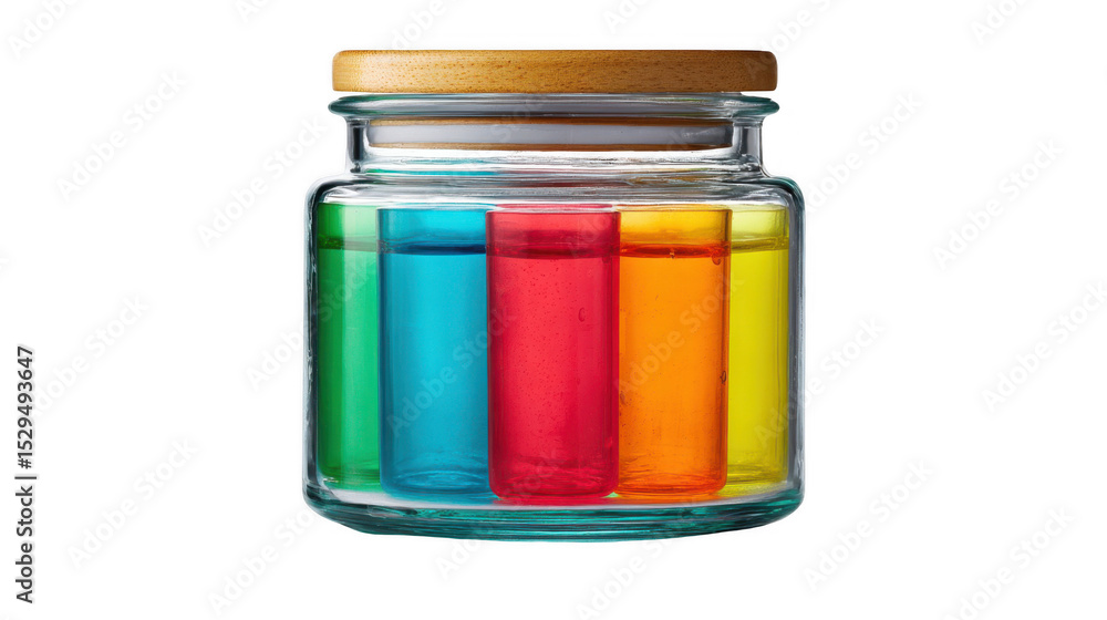 Poster glass jar with wooden lid containing five colorful silicone vials, creating a vibrant and visually a
