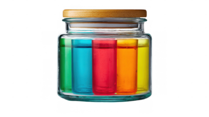 Glass jar with wooden lid containing five colorful silicone vials, creating a vibrant and visually appealing arrangement, isolated on a transparent background