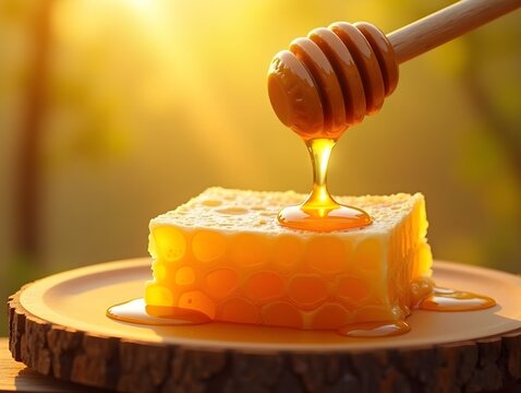 Honeycomb with Dripping Honey on Rustic Wood in Sunlight