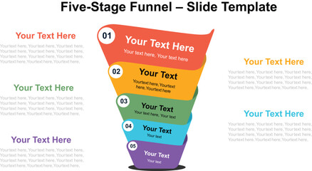 Five-Stage Funnel Slide Template for PowerPoint and Presentations, Marketing Strategy Diagram, Sales Process Chart, and Business Planning Infographic Design