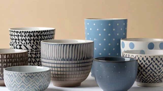 Collection of patterned ceramic bowls and planters, featuring dots, lines, and geometric designs against a neutral background.