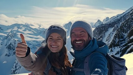 Couple Taking Selfie in Snowy Mountains Happy Moment