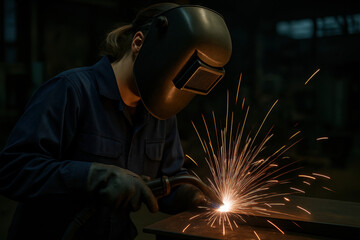 Industrial worker in protective gear welding metal in a factory, creating bright sparks and focused on manufacturing tasks