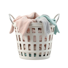 White Plastic Laundry Basket Overflowing with Soft Fabric on Transparent Background Cut Out