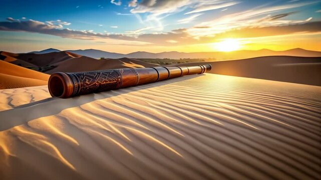 Didgeridoo musical instrument on a sand dune in arid desert landscape against warm golden sunset light, creating peaceful spiritual atmosphere