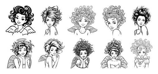 cute cartoon angel girls with curly hairstyles