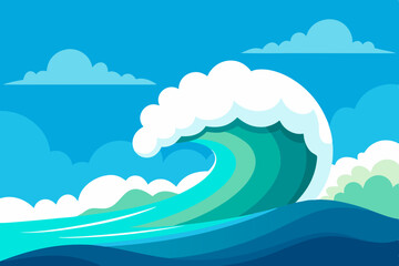 Large ocean wave breaking under blue sky