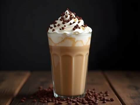 Creamy iced coffee topped with whipped cream and chocolate on dark rustic table