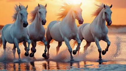 Majestic white horses galloping at sunset on the beach - Powered by Adobe