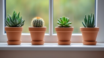 Fototapeta premium Four small potted succulents and cactus plants decorating a window sill