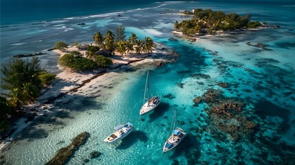 Aerial View of Tropical Island with Boats in Crystal Clear Water