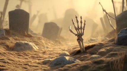Skeleton Hand Rising from the Grave in Spooky Cemetery at Dusk