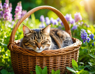 A tabby cat is peacefully sleeping inside a woven basket surrounded by blooming purple flowers and lush green grass under the warm sunlight of a spring day.