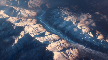 Aerial View of Snow-Capped Mountains and River Valley at Sunset