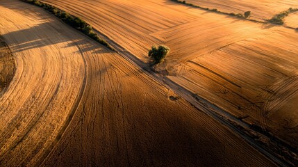 Aerial View of Golden Agricultural Fields with a Lonely Tree at Sunset