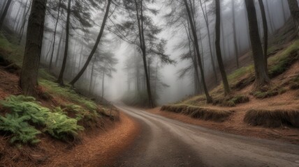 Obraz premium Mysterious, foggy forest road winding through tall trees with lush undergrowth. Perfect for adventure, nature, and atmospheric themes. 