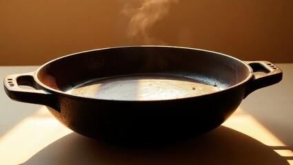 Warm cast iron skillet with steam rising illuminated by natural light creating a cozy and inviting culinary scene ready for cooking