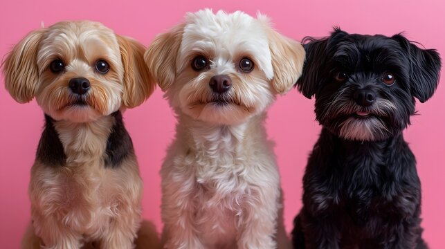 Three adorable morkie puppies posing on pink background