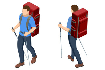 Isometric illustration of backpacker with trekking poles and backpack for traveling, hiking, camping. Trekking, outdoor adventure, travel planning