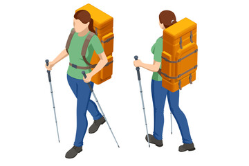 Isometric illustration of backpacker with trekking poles and backpack for traveling, hiking, camping. Trekking, outdoor adventure, travel planning