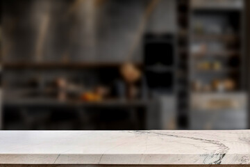 Empty marble top table with blurred kitchen interior Background. for product display