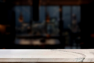 Empty marble top table with blurred kitchen interior Background. for product display