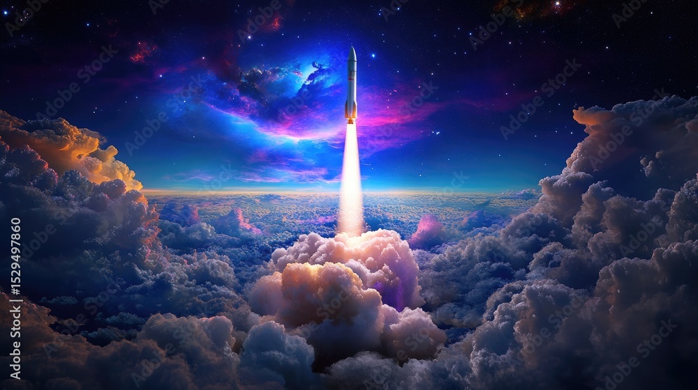 Aufkleber vivid rocket propelling skyward into a universe of stars, dense clouds below swirling with color and