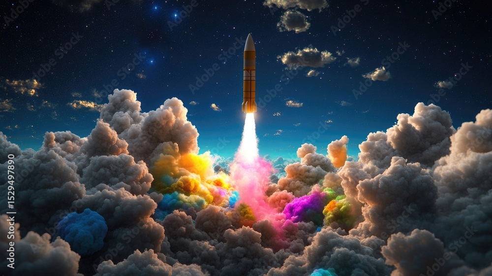 Aufkleber vivid rocket propelling skyward into a universe of stars, dense clouds below swirling with color and
