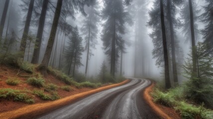 Obraz premium A mysterious, foggy road winding through a dense forest of towering trees, creating an atmospheric and serene landscape. Ideal for nature, travel, and adventure themes.
