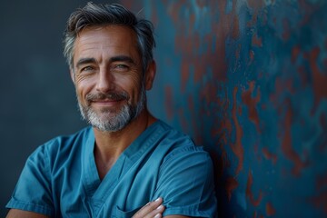 Obraz premium A compassionate, smiling healthcare worker in scrubs poses confidently against an artistically colored background, embodying the spirit of care and dedication in the medical field.