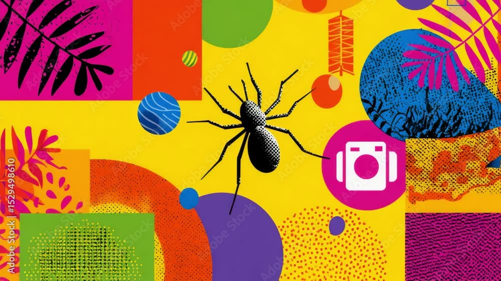 Poster vibrant colorful abstract design with spider surrounded by geometric patterns and shapes for playful