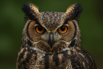 Obraz premium Close up portrait of a majestic great horned owl with intense orange eyes and intricate feather patterns against a blurred background