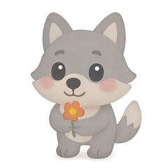 Fototapeta premium 3D cartoon wolf sitting while holding a small orange flower, smiling sweetly and looking gentle.