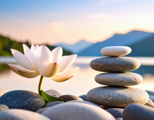 A delicate lotus flower blooms beside a carefully balanced stack of smooth stones near a tranquil lake, surrounded by mountains under a soft, colorful sunset sky.
