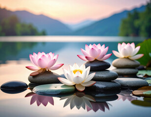 Colorful lotus flowers rest gracefully on stacked smooth stones in a tranquil lake, surrounded by misty mountains and glowing with the soft light of sunrise.