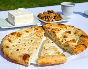 A freshly baked round flatbread is sliced and served on a white tablecloth alongside creamy white cheese, crunchy walnuts, and a traditional cup of tea outdoors.