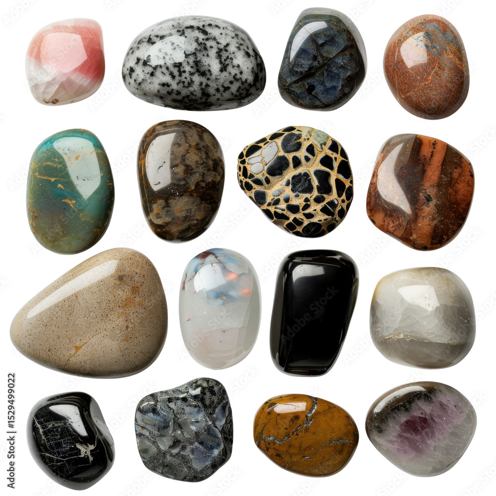 Poster natural gemstones and polished stones in various colors and patterns are displayed in organized arra