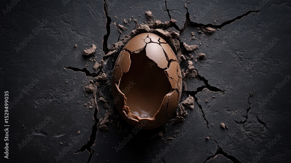 Poster top-down view of a cracked chocolate egg, empty inside, against a deep charcoal background