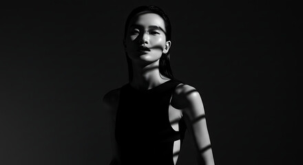 Striking Black and White Portrait: Elegant Person with East Asian Ethnicity in Dramatic Studio Lighting and Shadows