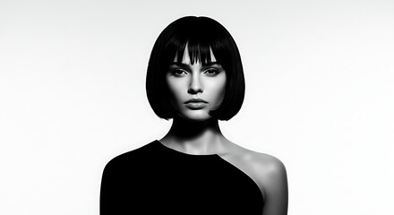Striking Black and White Fashion Portrait of Woman with Chic Bob Haircut on White Background