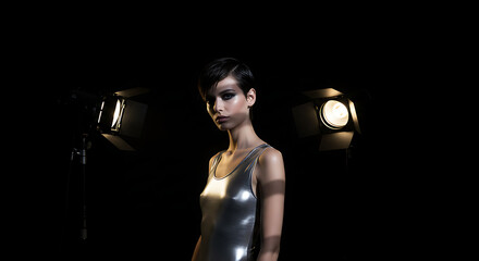 Striking Black and White Portrait: Confident Woman in Metallic Top with Dramatic Studio Lighting