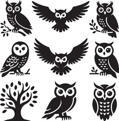 Owl Silhouette Bundle, 10 Black Owl Vector Designs, Flying Owl, Owl on Branch, Cute Owl, Tribal Owl and More