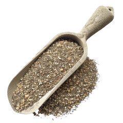 Scoop filled with fine gravel or sand sits on transparency background, showcasing its texture and color variations. This evokes sense of natural materials and construction