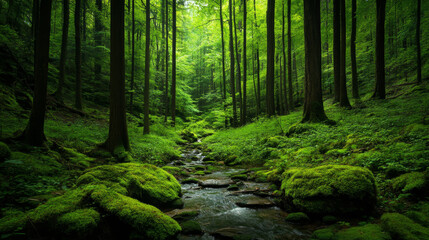 Obraz premium A wide panoramic view of lush green forest captures the serene beauty of unspoiled nature