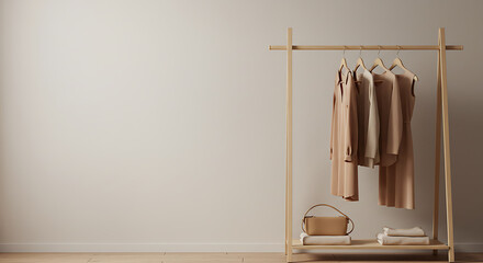 Minimalist Neutral Tone Apparel on Wooden Clothing Rack with Accessories, Perfect for Sustainable Fashion & Home Styling