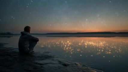 Concept photo of a person sitting on the shore of a still lake, their arms wrapped around their knees, watching the reflection of the stars and moon on the waters surface, lost in contemplation