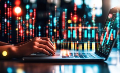 Hands typing on laptop, financial data overlay