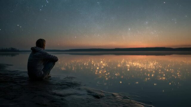 Concept photo of a person sitting on the shore of a still lake, their arms wrapped around their knees, watching the reflection of the stars and moon on the waters surface, lost in contemplation